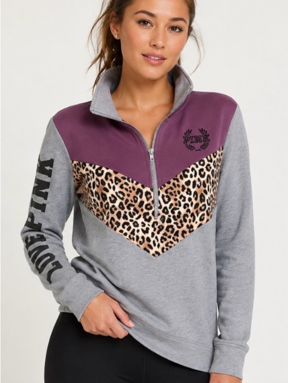 Victoria’s Secret PINK Leopard Colorblock Quarter Zip Pullover Sweatshirt XS